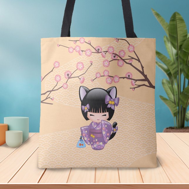 Neko Kokeshi Doll - Cat Ears Geisha Girl Tote Bag (Creator Uploaded)