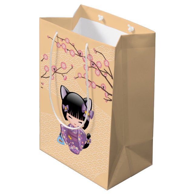 Neko Kokeshi Doll - Cat Ears Geisha Girl Yellow Medium Gift Bag (Back Angled)
