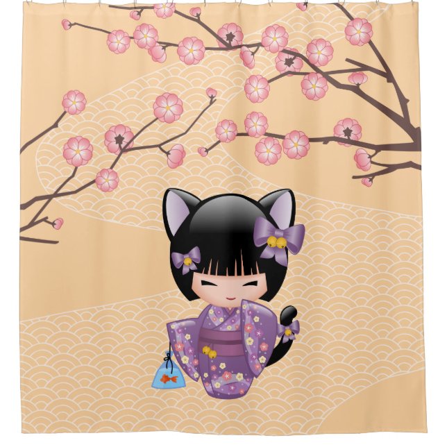 Neko Kokeshi Doll Cat Ears Geisha Girl Yellow Shower Curtain (Front)