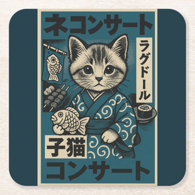 Neko Noodle Nights Square Paper Coaster (Front)