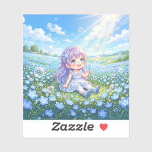 Nemophila flowers, soap bubbles, and a girl
