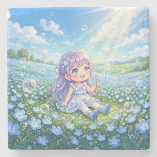 Nemophila flowers, soap bubbles, and a girl stone coaster