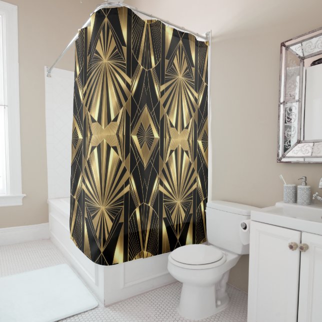 Neo Art Deco Black Gold Geometric Gatsby Bathroom Shower Curtain (In Situ)