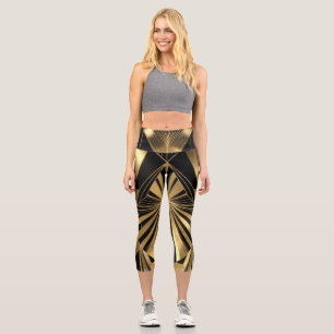 Neo Art Deco Black Gold Geometric Gatsby  Capri Leggings