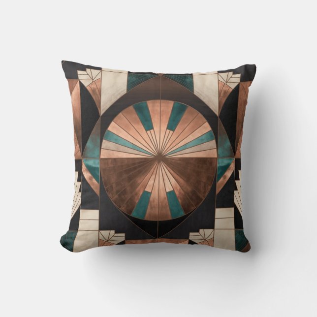 Neo Art Deco Geometric Teal Copper Gold Sunburst Cushion (Front)
