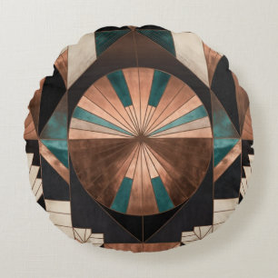 Neo Art Deco Geometric Teal Copper Gold Sunburst Round Cushion