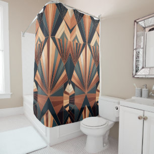 Neo Art Deco Teal Copper Geometric Sunburst Shower Curtain