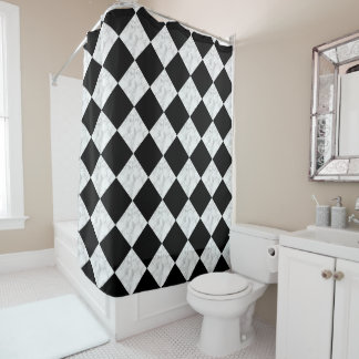 Neo Deco Black and Faux White Marble Checkerboard Shower Curtain