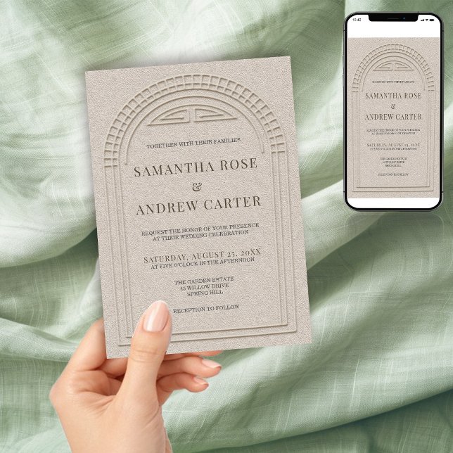 Neo Deco Minimalist Blind Embossed Wedding QR Code Invitation (Creator Uploaded)