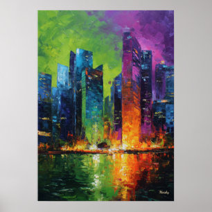 Neo Expressionist Singapore Skyline Vibrant Sunset Poster