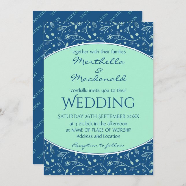 NEO MINT CLASSIC BLUE Elegant Modern Floral Invitation (Front/Back)