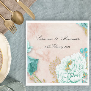 Neo Mint Green Flowers and Blush Pink Boho Wedding Napkin