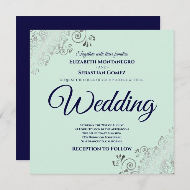 Neo Mint Green & Navy Blue Elegant Square Wedding Invitation (Front/Back)
