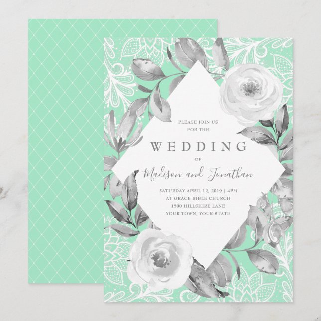 Neo Mint Grey Floral Lace Wedding Invitation (Front/Back)