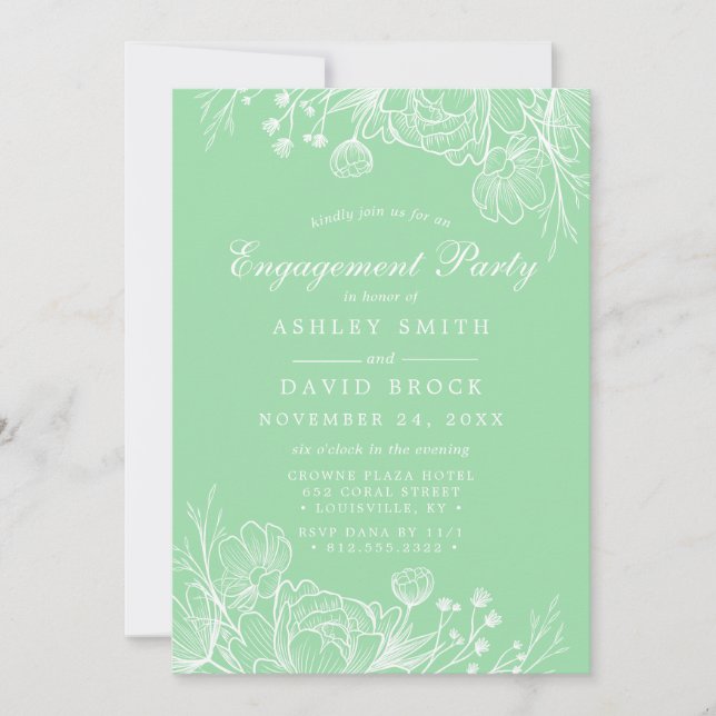 Neo Mint Modern White Floral Engagement Party Invitation (Front)