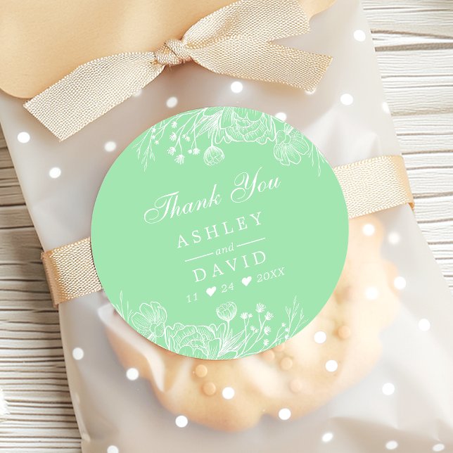 Neo Mint Modern White Floral Wedding Thank You Classic Round Sticker (Creator Uploaded)