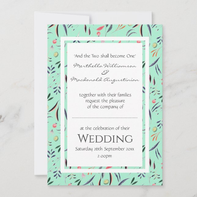 Neo Mint Personalised Floral WEDDING Invitation (Front)