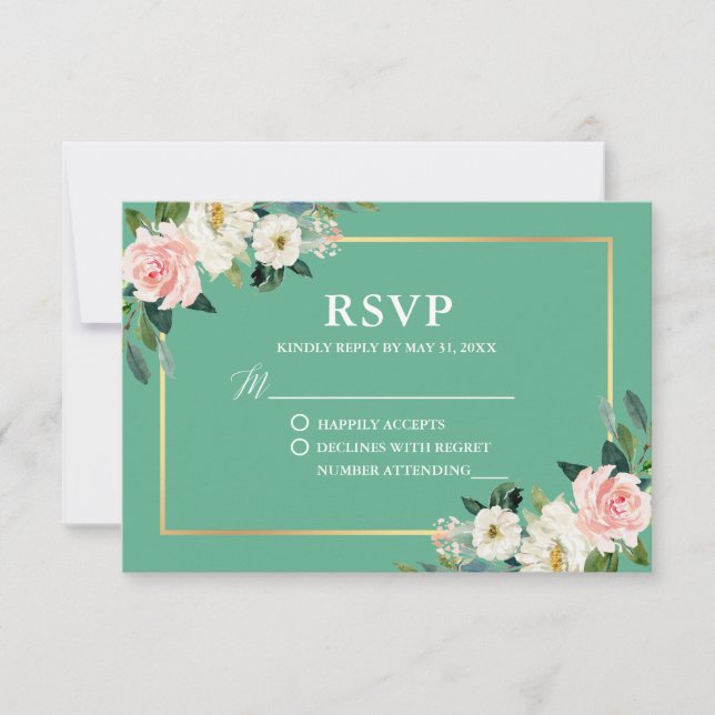 Neo Mint Pink White Floral Gold Wedding RSVP (Front)