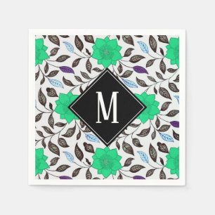 Neo Mint Vintage Floral Poppy Pattern Monogram Napkin