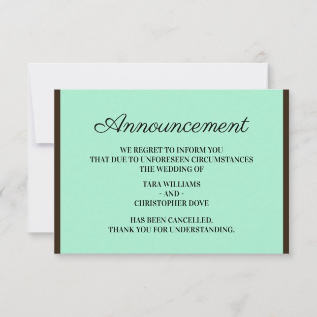 Neo Mint Wedding Announcement Cancellation Cards (Front)