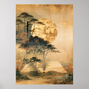 Neo-Rinpa Moonlit Forest From Pages Literary Art Poster