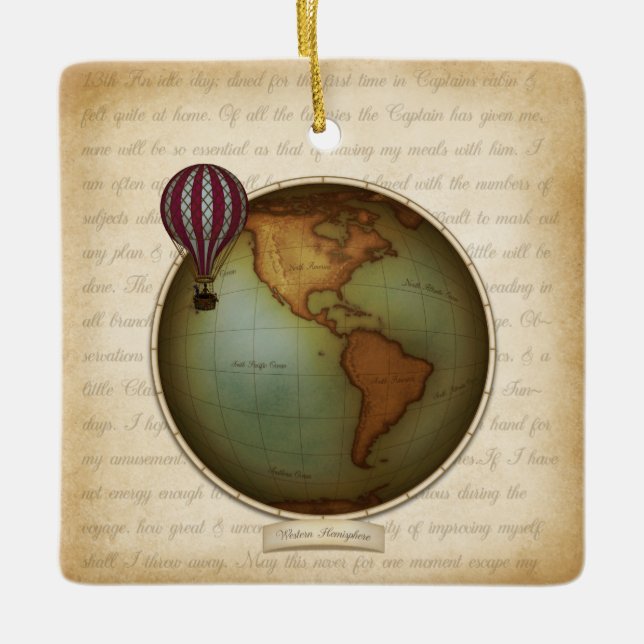 Neo-Victorian World Map Steampunk Aircraft 2-Sided Ceramic Ornament (Front)