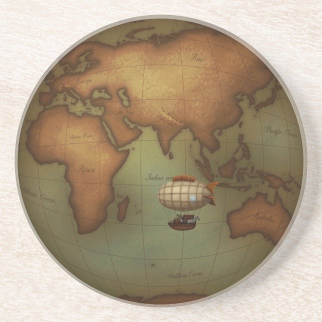 Neo-Victorian World Map Steampunk Airship Zepplin Coaster (Front)