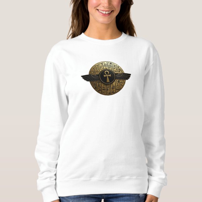 NeoAnkh 3D Golden Winged Ankh & Hieroglyphs Disk Sweatshirt (Front)