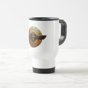 NeoAnkh 3D Golden Winged Ankh & Hieroglyphs Disk Travel Mug