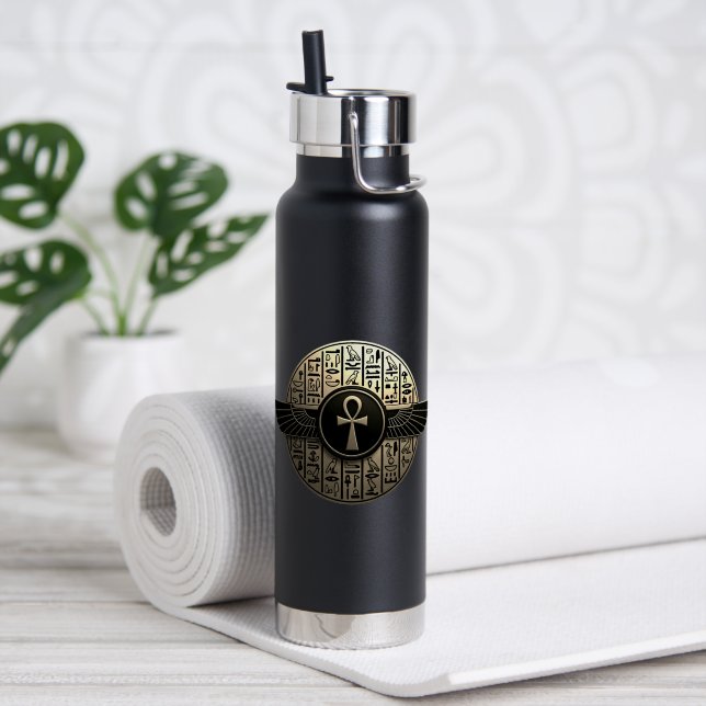 NeoAnkh 3D Golden Winged Ankh & Hieroglyphs Water Bottle (Yoga (Rotated))