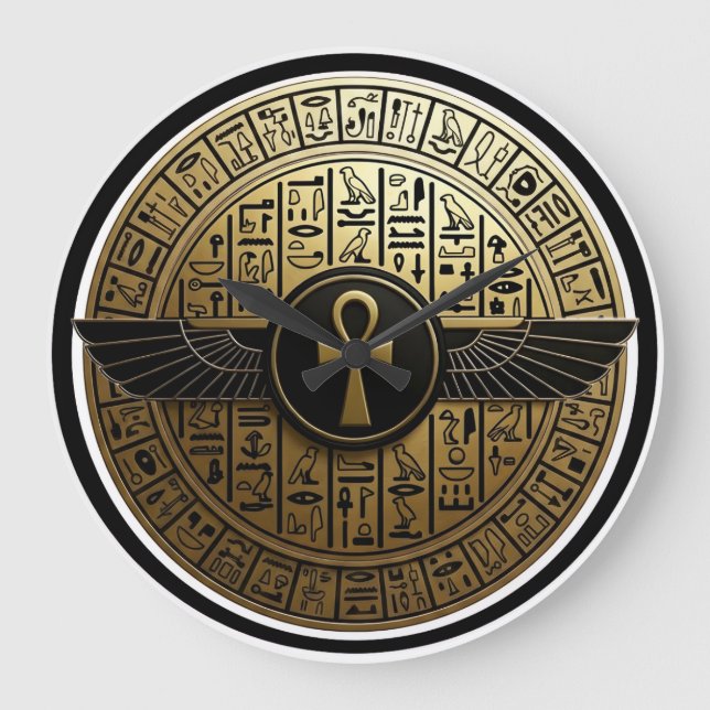 NeoAnkh Golden Ankh & Winged Sun Disk Hieroglyphic Large Clock (Front)