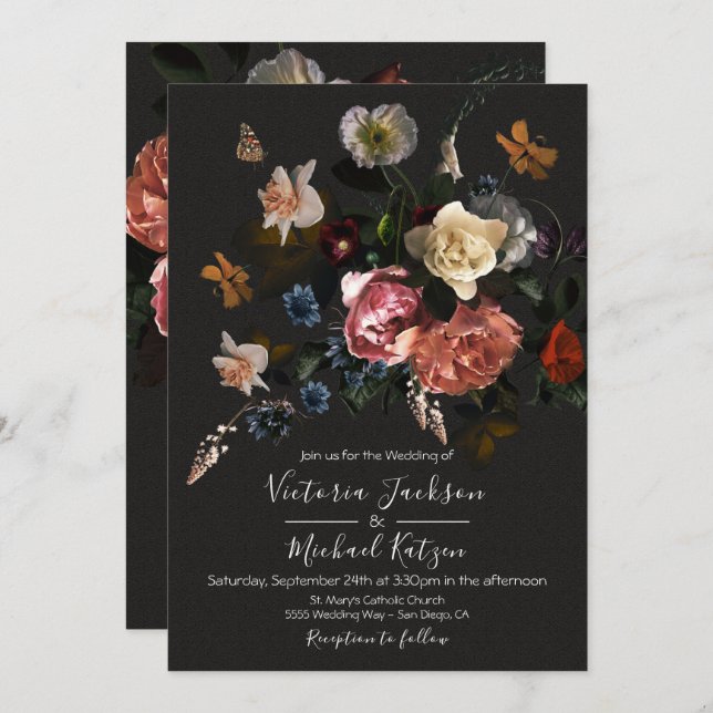 Neoclassical Floral Dark & Moody Wedding Invitation (Front/Back)
