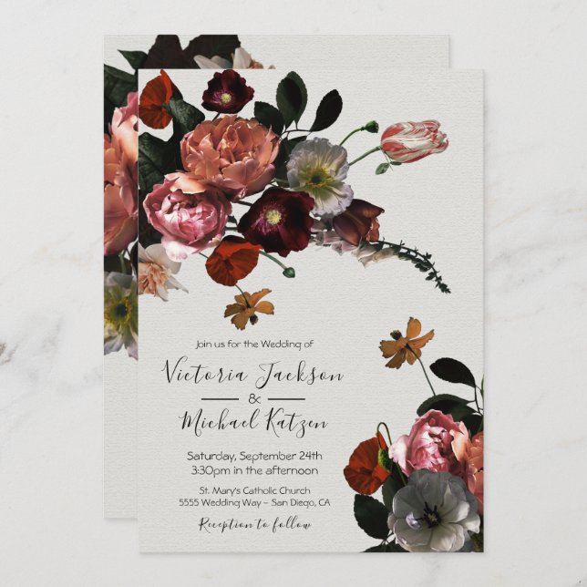 Neoclassical Floral light & airy Wedding Invitation (Front/Back)