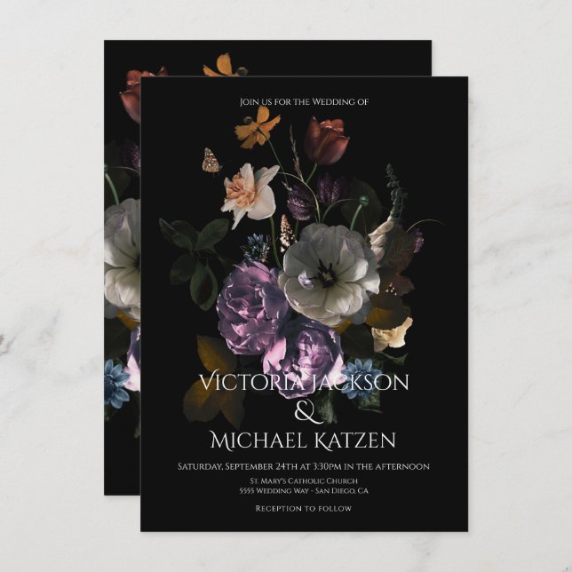 Neoclassical Floral Moonlight Dark & Moody Wedding Invitation (Front/Back)