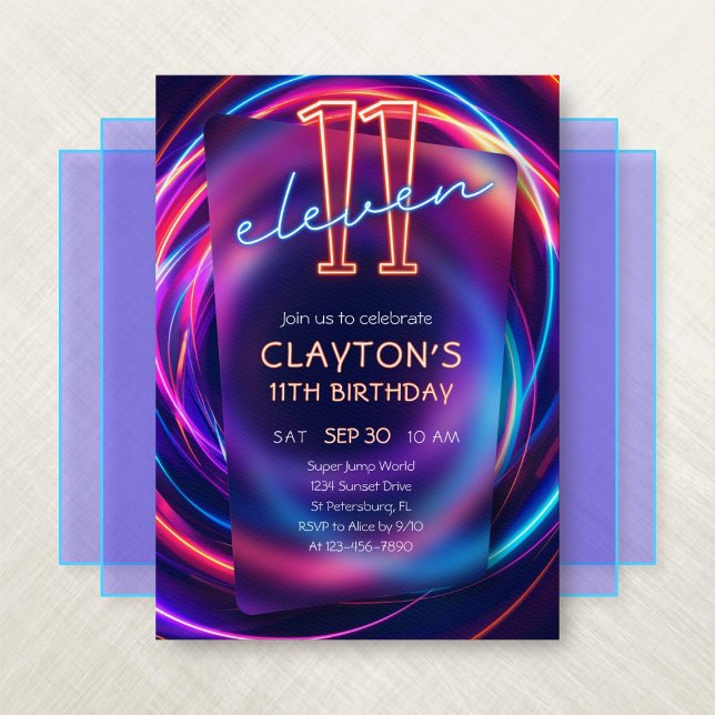 Neon 11th Birthday Invitation (Creator Uploaded)