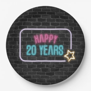 Neon 20th Birthday Marquee On Brick Paper Plate