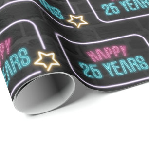 Neon 25th Birthday Marquee On Brick Wrapping Paper