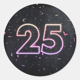 Neon 25th Birthday Sign On Black Classic Round Sticker