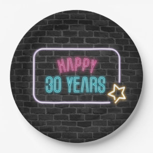 Neon 30th Birthday Marquee On Brick Paper Plate