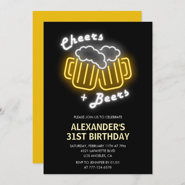 Neon 31st birthday invitation Cheers and Beers (Front/Back)
