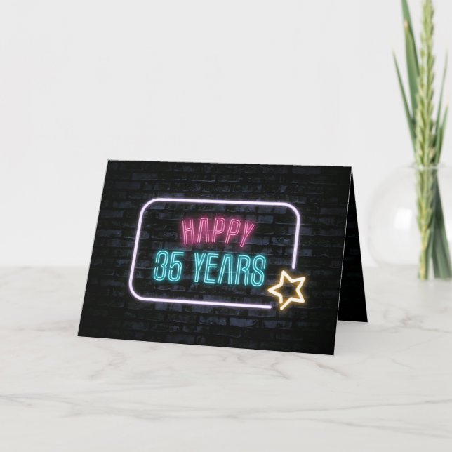 Neon 35th Birthday Sign On Brick Card (Front)