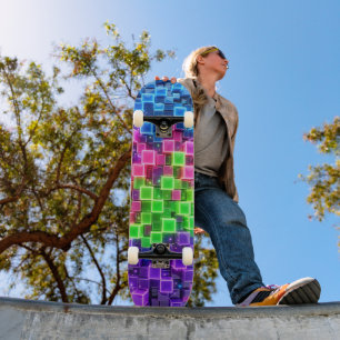 Neon 3D Cube Skateboard - Electric Blue Pink