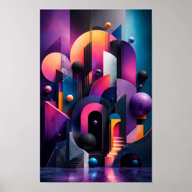 Neon 3D Geometric Abstract Wall  Poster (Front)