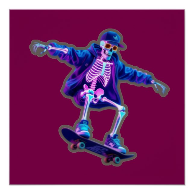 Neon 3D Skeleton Skateboarding – Funny Streetwear  Poster (Front)