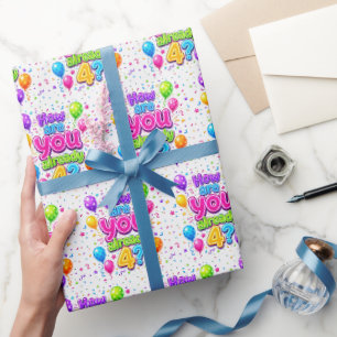 Neon 4th Birthday Party Balloons and Confetti Wrapping Paper