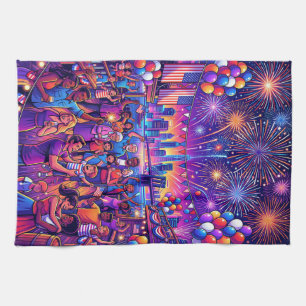 Neon 4th of July Independence Day Celebration Tea Towel