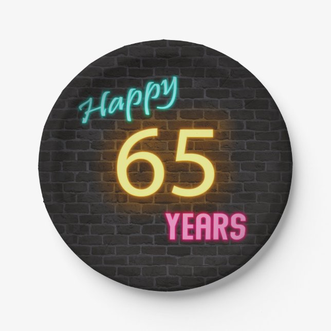 Neon 65 sign on brick wall paper plate (Front)