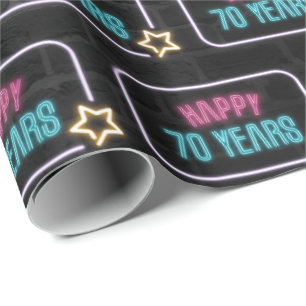 Neon 70th Birthday Marquee On Brick Wrapping Paper