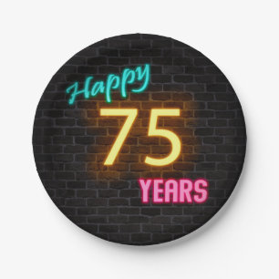 Neon 75 sign on brick wall paper plate