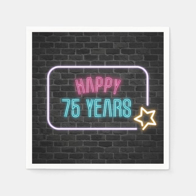Neon 75th Birthday Marquee On Brick Wall Napkin (Front)